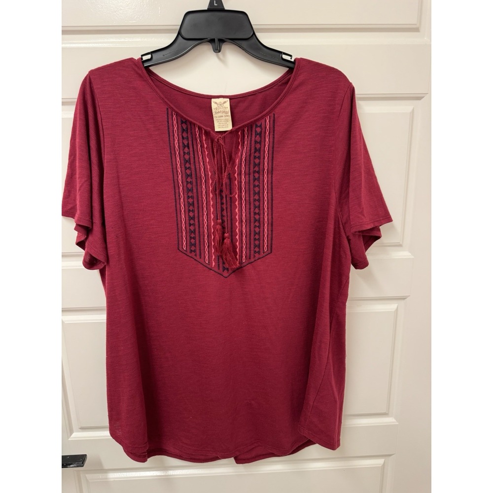 Faded Glory Womens 2X 18-20W Tunic Blouse Embroidery Tassel Tie Burgundy Boho